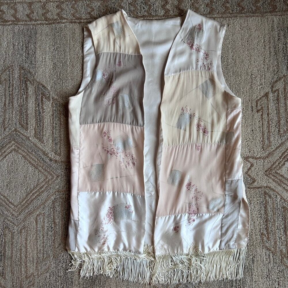 Hand Painted Silk Fringe Vest Patchwork Art Teacher Lagenlook M Alanna